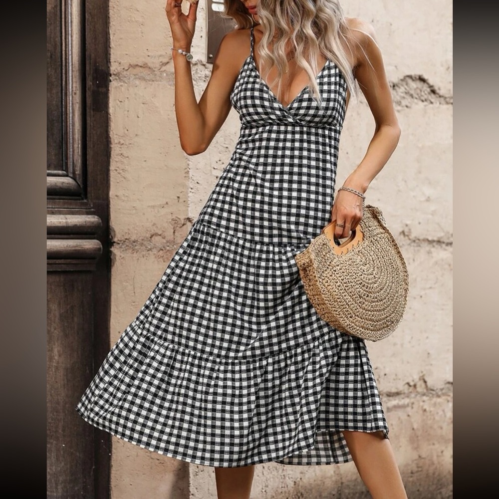 Classic Gingham Print Deep V neck Tired Cami Dress - Picture 3 of 6
